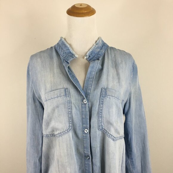 CLOTH & STONE Anthropologie Blue High Low Fringe Hem Chambray Button Shirt Dress - Picture 5 of 16